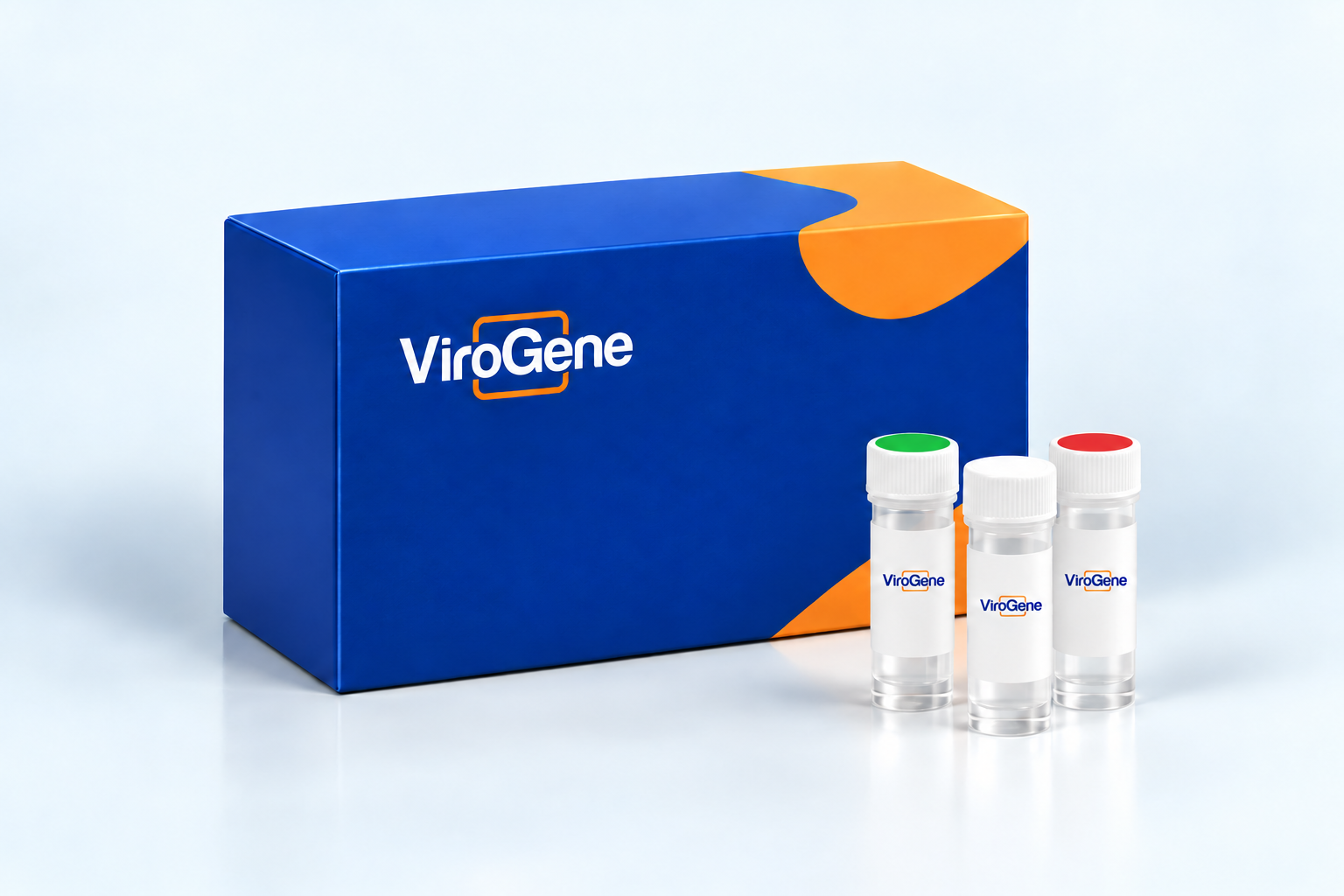 Illustrative ViroGene kit presentation: ViroGene HCV Real-Time RT-PCR Quantitative Kit. Uniform clear vials with green, white and red cap discs.
